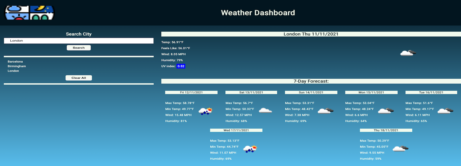 Screenshot of the Weather Dashboard website